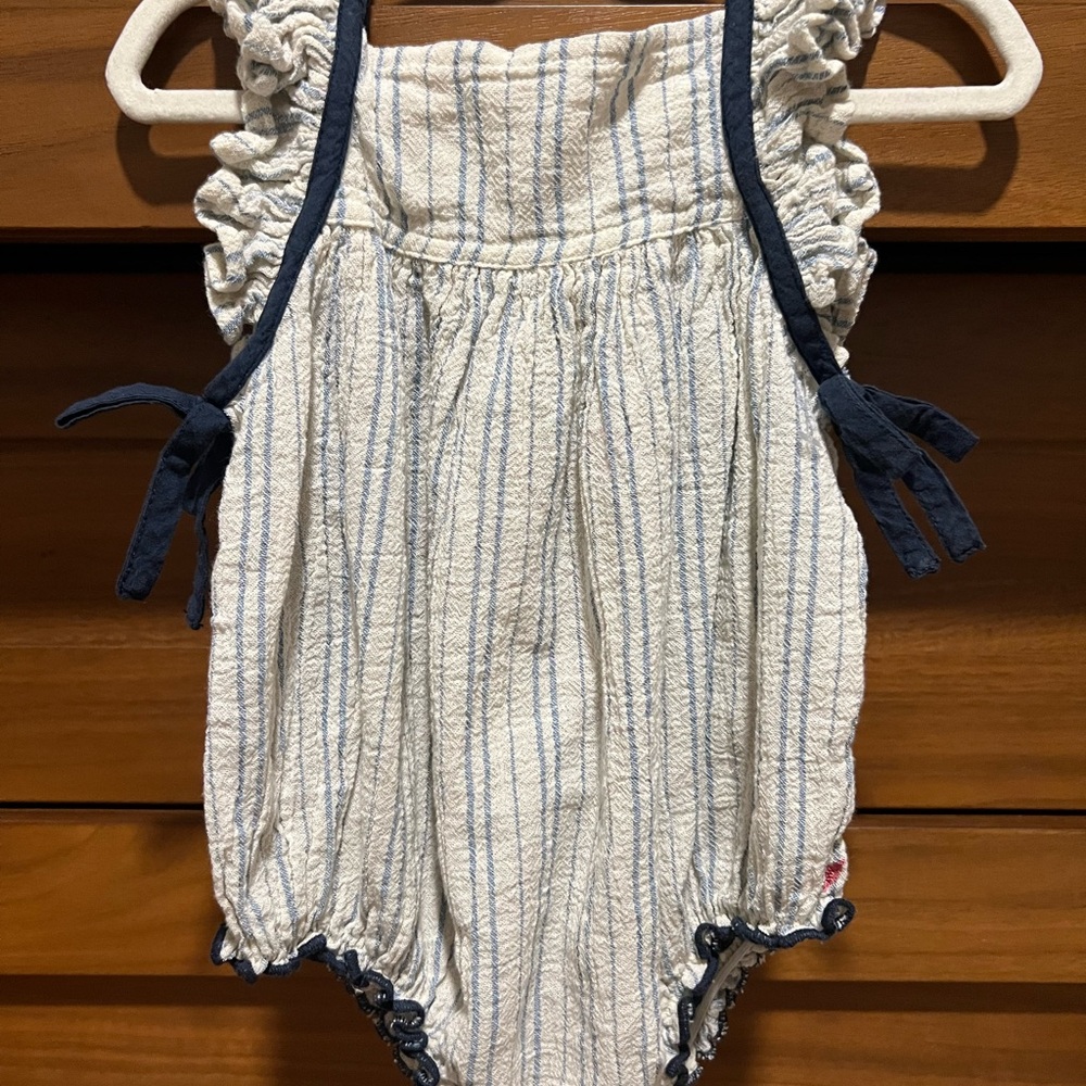 Pink Chicken Striped Baby Romper with Navy Accents